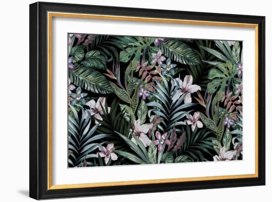 Tropical Floral Print. Variety of Jungle and Island Flowers in Bouquets in a Dark Exotic Print. All-rosapompelmo-Framed Premium Giclee Print