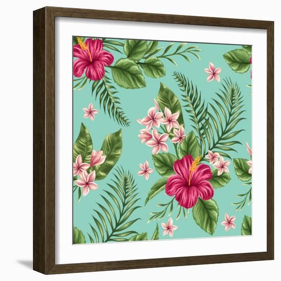 Tropical Floral Seamless Pattern with Plumeria and Hibiscus Flowers-hoverfly-Framed Art Print