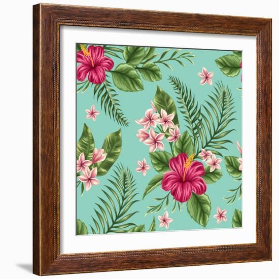 Tropical Floral Seamless Pattern with Plumeria and Hibiscus Flowers-hoverfly-Framed Art Print