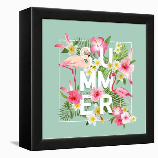 Tropical Flowers Background. Summer Design. Vector. Flamingo. T-Shirt Fashion Graphic. Exotic.-woodhouse-Framed Stretched Canvas