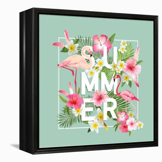 Tropical Flowers Background. Summer Design. Vector. Flamingo. T-Shirt Fashion Graphic. Exotic.-woodhouse-Framed Stretched Canvas