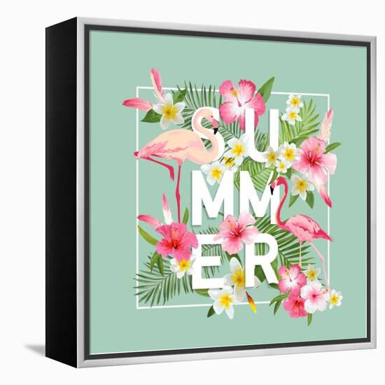 Tropical Flowers Background. Summer Design. Vector. Flamingo. T-Shirt Fashion Graphic. Exotic.-woodhouse-Framed Stretched Canvas