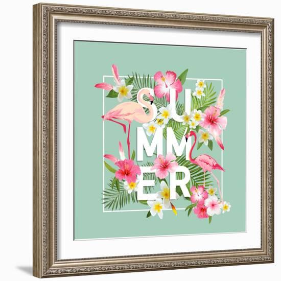 Tropical Flowers Background. Summer Design. Vector. Flamingo. T-Shirt Fashion Graphic. Exotic.-woodhouse-Framed Art Print