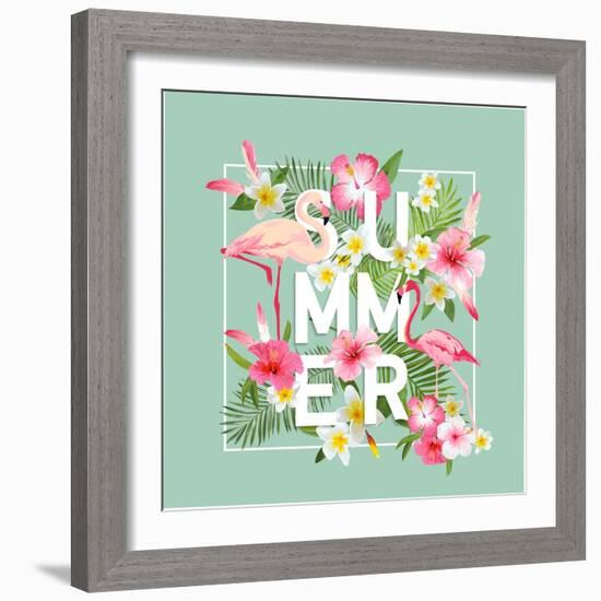 Tropical Flowers Background. Summer Design. Vector. Flamingo. T-Shirt Fashion Graphic. Exotic.-woodhouse-Framed Art Print