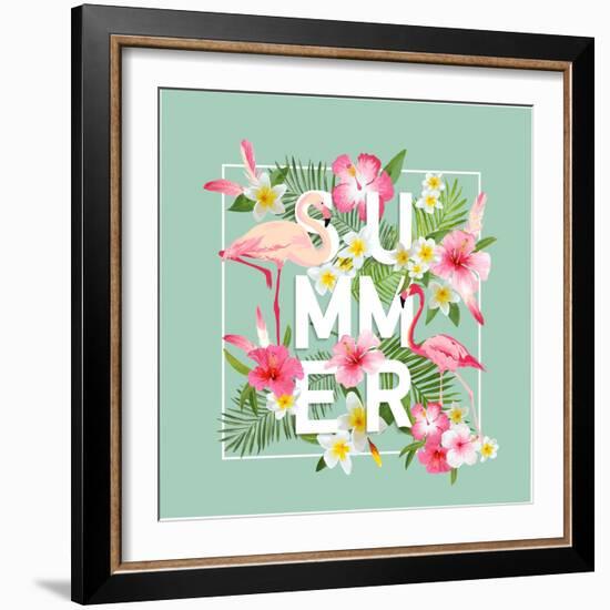 Tropical Flowers Background. Summer Design. Vector. Flamingo. T-Shirt Fashion Graphic. Exotic.-woodhouse-Framed Art Print