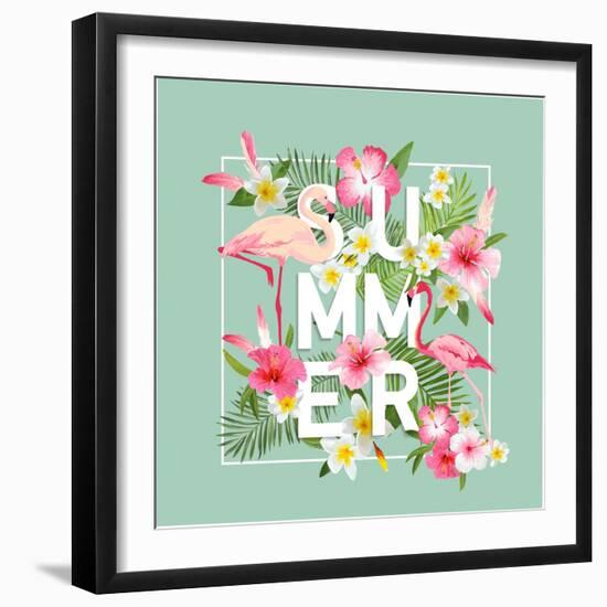 Tropical Flowers Background. Summer Design. Vector. Flamingo. T-Shirt Fashion Graphic. Exotic.-woodhouse-Framed Art Print