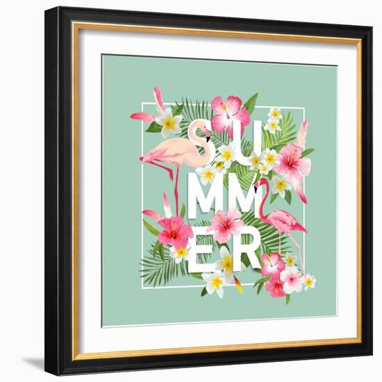 Tropical Flowers Background. Summer Design. Vector. Flamingo. T-Shirt Fashion Graphic. Exotic.-woodhouse-Framed Art Print