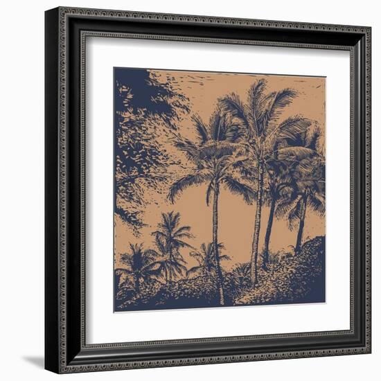 Tropical Landscape with Palms Trees. Linocut Style. Vector Illustration.-jumpingsack-Framed Art Print