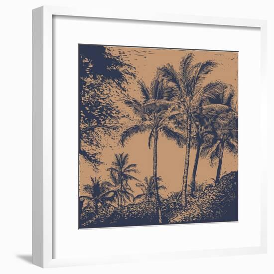 Tropical Landscape with Palms Trees. Linocut Style. Vector Illustration.-jumpingsack-Framed Premium Giclee Print