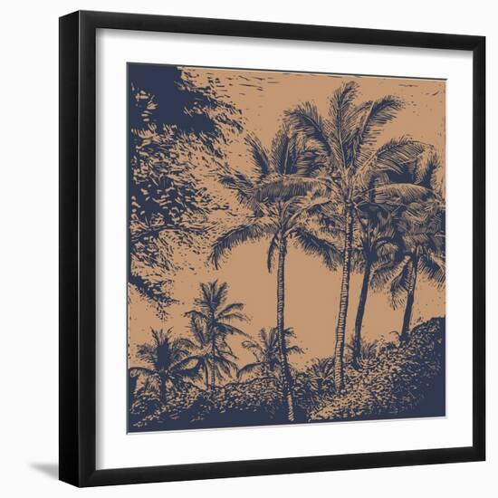 Tropical Landscape with Palms Trees. Linocut Style. Vector Illustration.-jumpingsack-Framed Premium Giclee Print