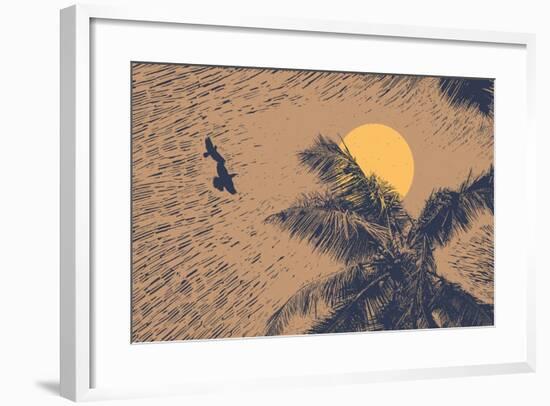 Tropical Landscape with Palms Trees, Two Birds and Sun. Linocut Style. Vector Illustration.-jumpingsack-Framed Art Print