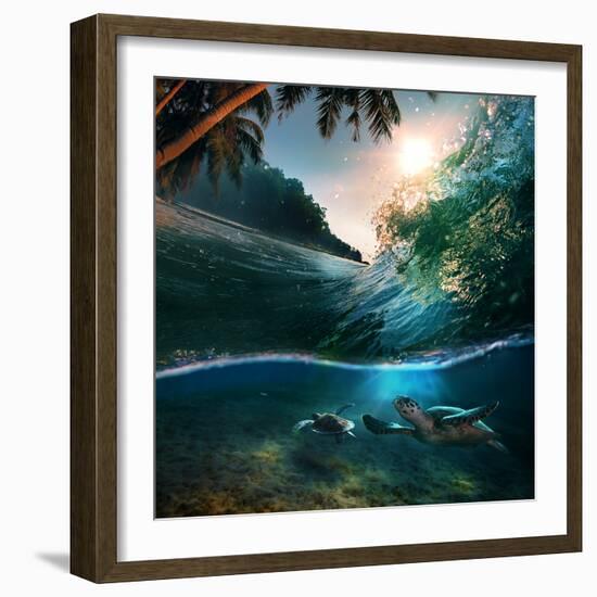 Tropical Paradise Template with Sunlight. Ocean Surfing Wave Breaking and Two Big Green Turtles Div-Willyam Bradberry-Framed Photographic Print
