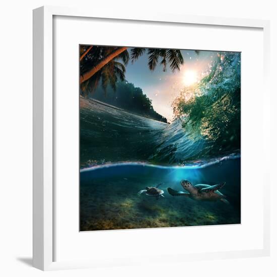 Tropical Paradise Template with Sunlight. Ocean Surfing Wave Breaking and Two Big Green Turtles Div-Willyam Bradberry-Framed Photographic Print