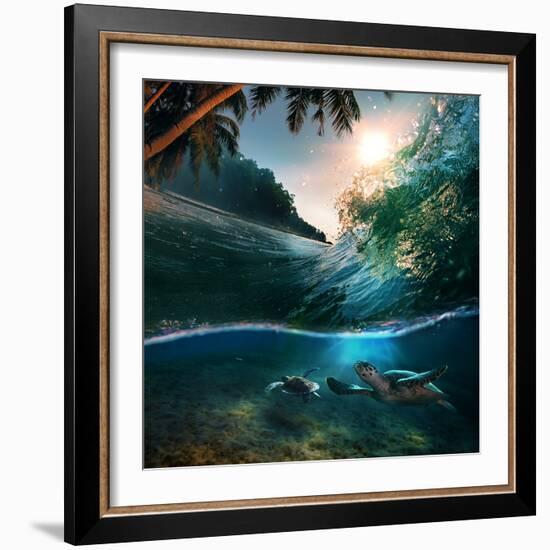 Tropical Paradise Template with Sunlight. Ocean Surfing Wave Breaking and Two Big Green Turtles Div-Willyam Bradberry-Framed Photographic Print