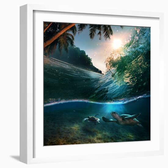 Tropical Paradise Template with Sunlight. Ocean Surfing Wave Breaking and Two Big Green Turtles Div-Willyam Bradberry-Framed Photographic Print