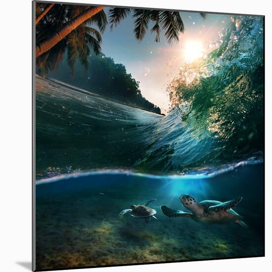 Tropical Paradise Template with Sunlight. Ocean Surfing Wave Breaking and Two Big Green Turtles Div-Willyam Bradberry-Mounted Photographic Print