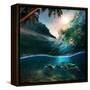 Tropical Paradise Template with Sunlight. Ocean Surfing Wave Breaking and Two Big Green Turtles Div-Willyam Bradberry-Framed Stretched Canvas