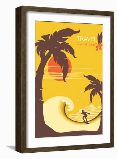 Tropical Paradise with Palms Island and Man Surfer.Vector Background Poster for Text-Tancha-Framed Art Print