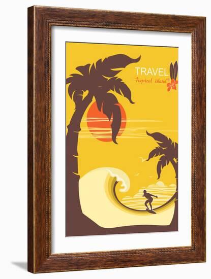 Tropical Paradise with Palms Island and Man Surfer.Vector Background Poster for Text-Tancha-Framed Art Print