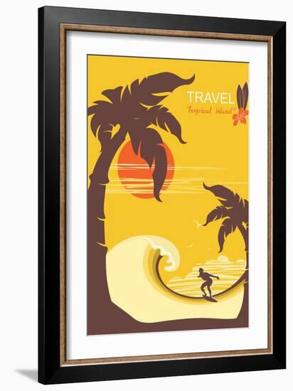 Tropical Paradise with Palms Island and Man Surfer.Vector Background Poster for Text-Tancha-Framed Art Print