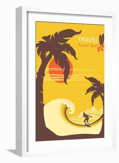 Tropical Paradise with Palms Island and Man Surfer.Vector Background Poster for Text-Tancha-Framed Art Print