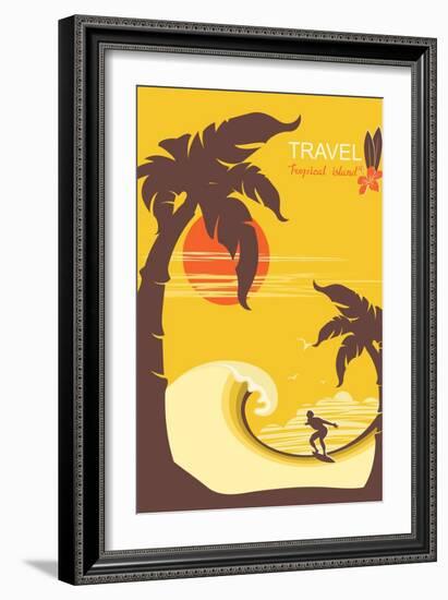 Tropical Paradise with Palms Island and Man Surfer.Vector Background Poster for Text-Tancha-Framed Art Print