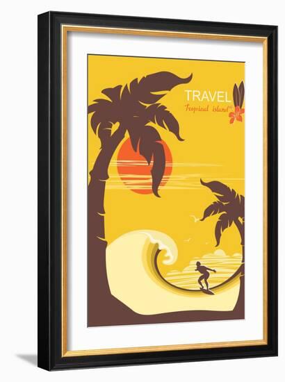 Tropical Paradise with Palms Island and Man Surfer.Vector Background Poster for Text-Tancha-Framed Art Print