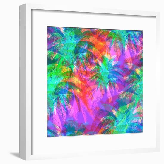 Tropical Pattern Depicting Pink and Purple Palm Trees with with Yellow Highlights Reflections on a-yulianas-Framed Premium Giclee Print