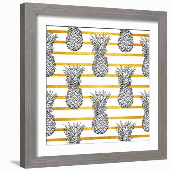 Tropical Pineapple Pattern with Gold Stripes-vavavka-Framed Art Print