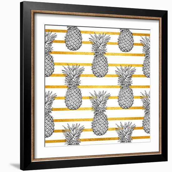 Tropical Pineapple Pattern with Gold Stripes-vavavka-Framed Art Print