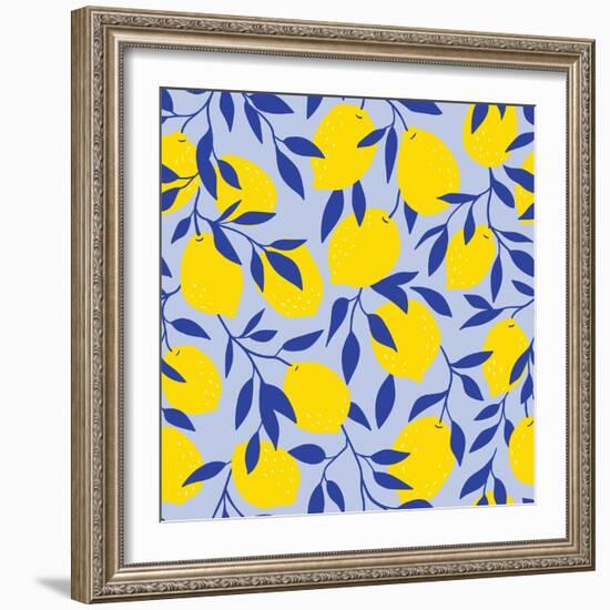 Tropical Seamless Pattern with Yellow Lemons on the Blue Background. Fruit Repeated Background. Vec-Utro_na_more-Framed Photographic Print