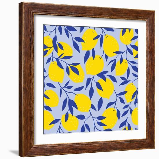 Tropical Seamless Pattern with Yellow Lemons on the Blue Background. Fruit Repeated Background. Vec-Utro_na_more-Framed Photographic Print