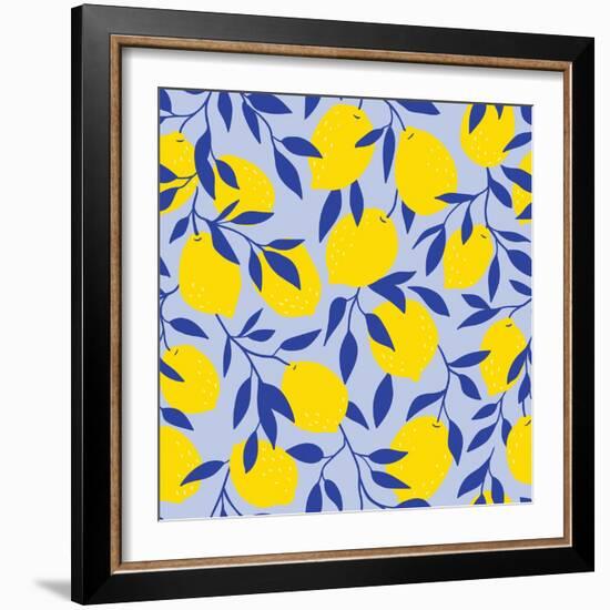 Tropical Seamless Pattern with Yellow Lemons on the Blue Background. Fruit Repeated Background. Vec-Utro_na_more-Framed Photographic Print