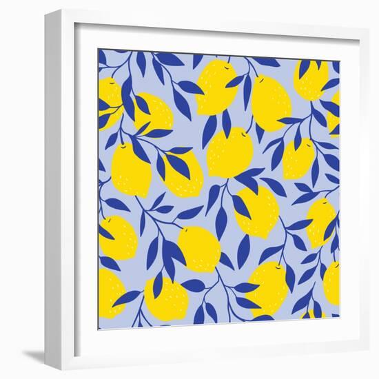 Tropical Seamless Pattern with Yellow Lemons on the Blue Background. Fruit Repeated Background. Vec-Utro_na_more-Framed Photographic Print