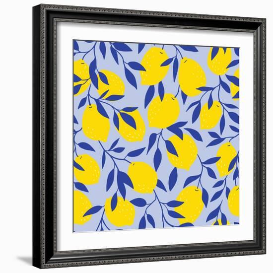 Tropical Seamless Pattern with Yellow Lemons on the Blue Background. Fruit Repeated Background. Vec-Utro_na_more-Framed Photographic Print