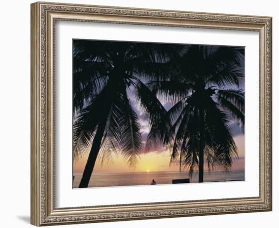 Tropical Sunset Framed by Palm Trees, Cayman Islands, West Indies, Central America-Ruth Tomlinson-Framed Photographic Print