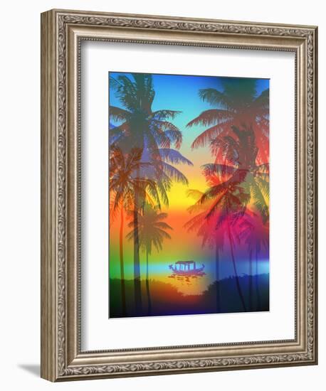 Tropical Sunset on Palm Beach and Fishing Boat, Can Be Used for a Poster, or Printing on Fabric-yulianas-Framed Art Print