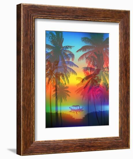 Tropical Sunset on Palm Beach and Fishing Boat, Can Be Used for a Poster, or Printing on Fabric-yulianas-Framed Art Print