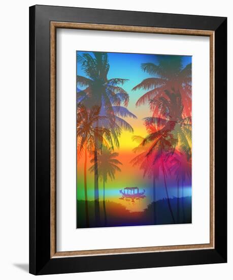 Tropical Sunset on Palm Beach and Fishing Boat, Can Be Used for a Poster, or Printing on Fabric-yulianas-Framed Art Print