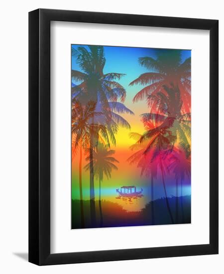 Tropical Sunset on Palm Beach and Fishing Boat, Can Be Used for a Poster, or Printing on Fabric-yulianas-Framed Art Print