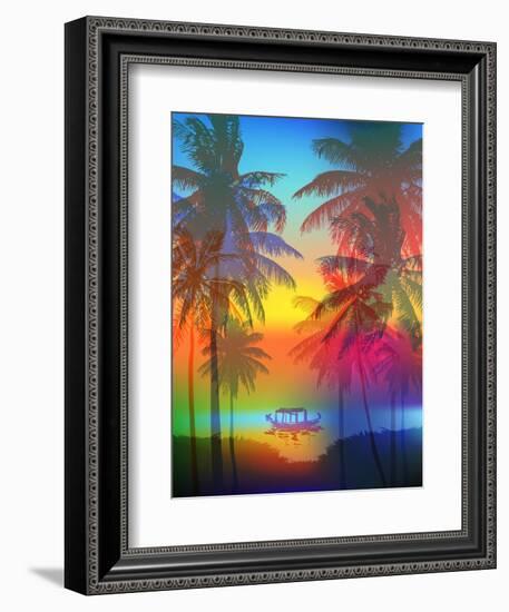 Tropical Sunset on Palm Beach and Fishing Boat, Can Be Used for a Poster, or Printing on Fabric-yulianas-Framed Art Print