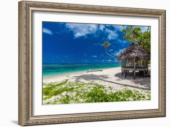 Tropical Vibrant Natural Beach on Samoa Island with Palm Tree and Fale-Martin Valigursky-Framed Photographic Print