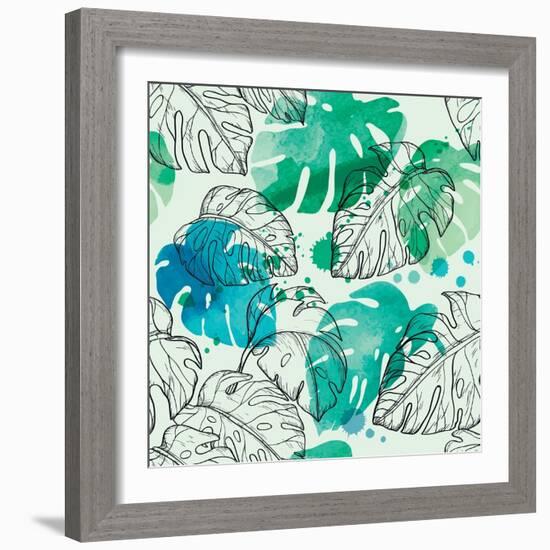 Tropical Watercolor Leaf Pattern-Mirifada-Framed Art Print