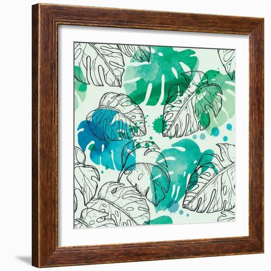 Tropical Watercolor Leaf Pattern-Mirifada-Framed Art Print