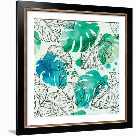 Tropical Watercolor Leaf Pattern-Mirifada-Framed Premium Giclee Print