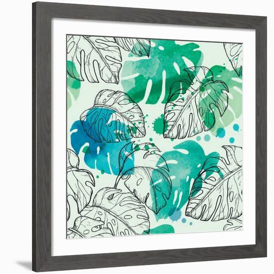 Tropical Watercolor Leaf Pattern-Mirifada-Framed Premium Giclee Print