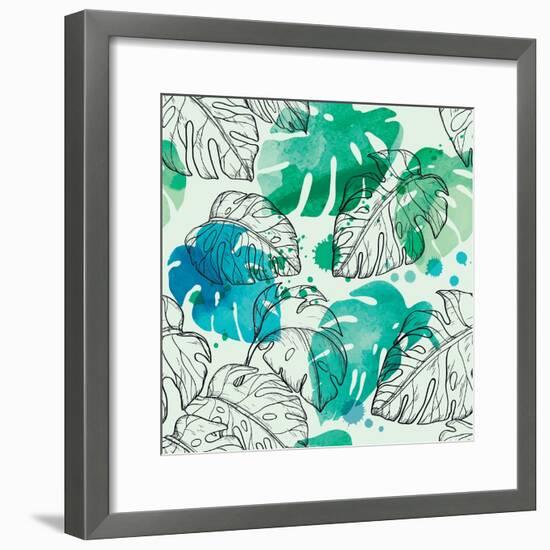 Tropical Watercolor Leaf Pattern-Mirifada-Framed Premium Giclee Print