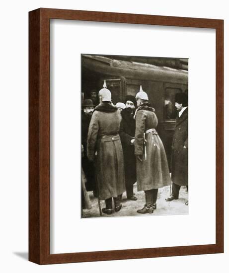 Trotsky and Russian delegates welcomed by German officers, Brest-Litovsk, Russia, 1917-Unknown-Framed Photographic Print