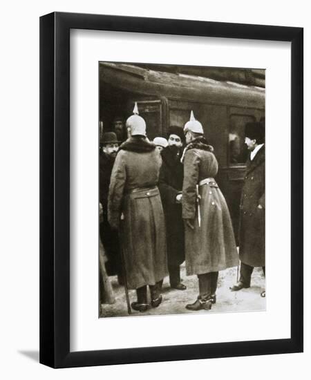 Trotsky and Russian delegates welcomed by German officers, Brest-Litovsk, Russia, 1917-Unknown-Framed Photographic Print