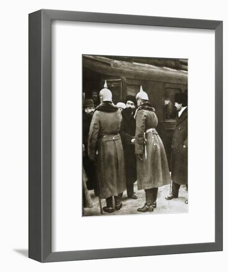 Trotsky and Russian delegates welcomed by German officers, Brest-Litovsk, Russia, 1917-Unknown-Framed Photographic Print